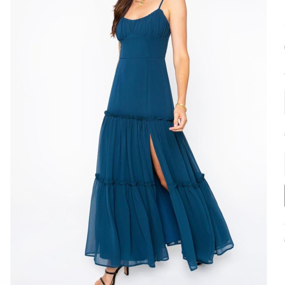 GEORGIE Bare Tiered Slit Front Midi Dress BRAND NEW w/ TAGS Sz Small Tidal Teal